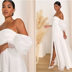 LULU's Bridal Shower Reception Romantic Corset Off the Shoulder Puff Sleeve Maxi
